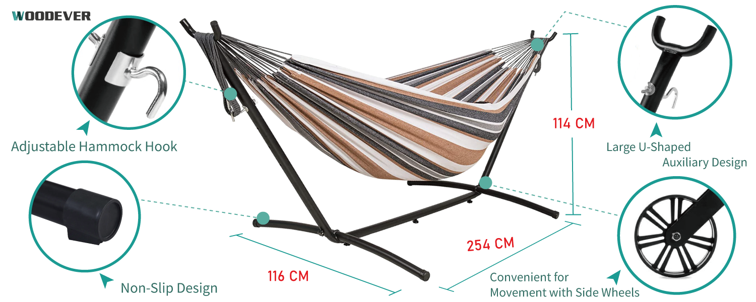 WOODEVER Metal hammock from Vietnam Leisure Furniture Factory, the hammock has high elasticity adjustment function, can be attached with side wheels to facilitate the movement of the hammock, we also provide b2b manufacturer comprehensive furniture customization one-stop service.