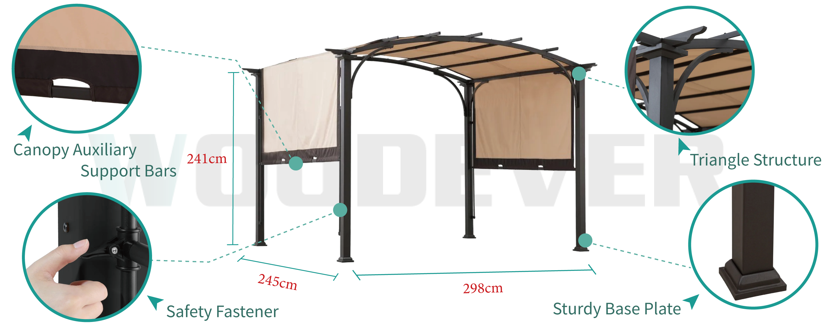 WOODEVERの屋外用家具メタルパーゴラは、パーゴラの日陰位置を自由に調整でき、生地を固定するためのセキュリティロックが付いており、安定した構造で組み立てられています。