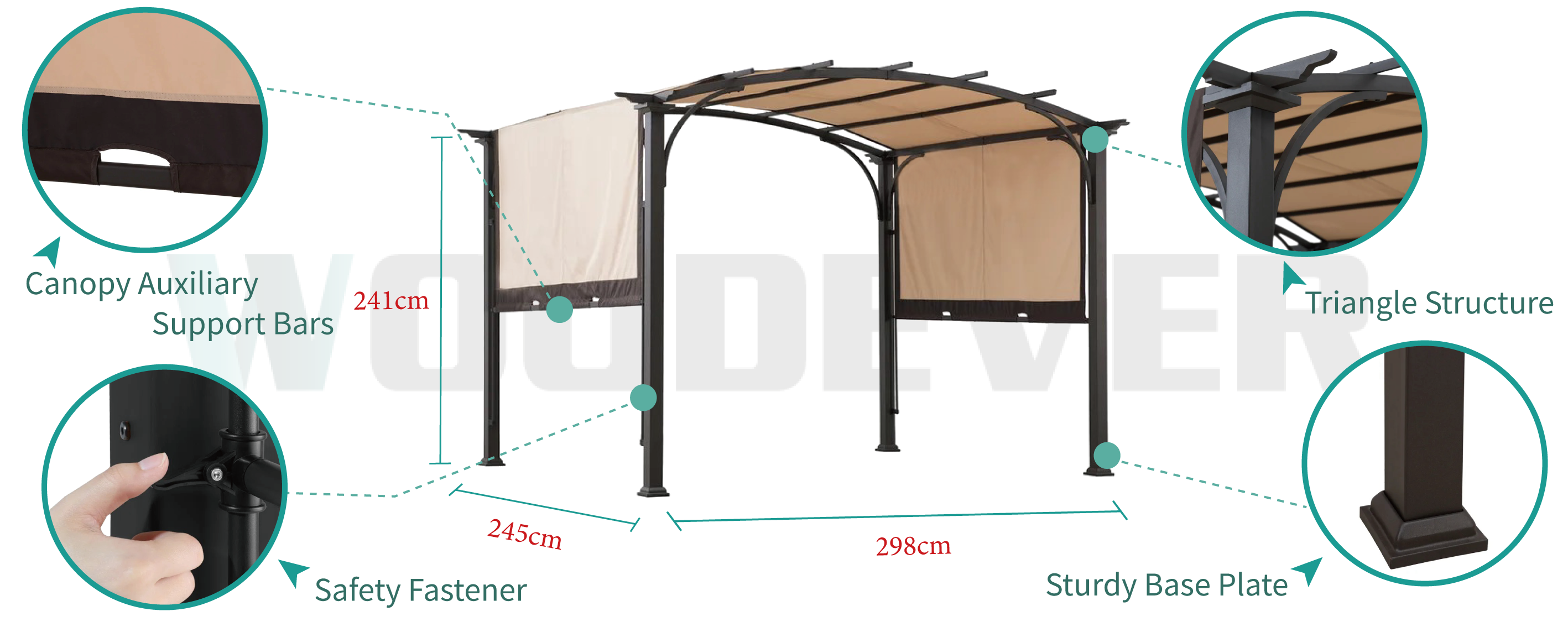 WOODEVER móveis de exterior com pérgola de metal apresenta ajuste livre da posição da sombra da pérgola e com um bloqueio de segurança para fixar o tecido, montagem de estrutura estável