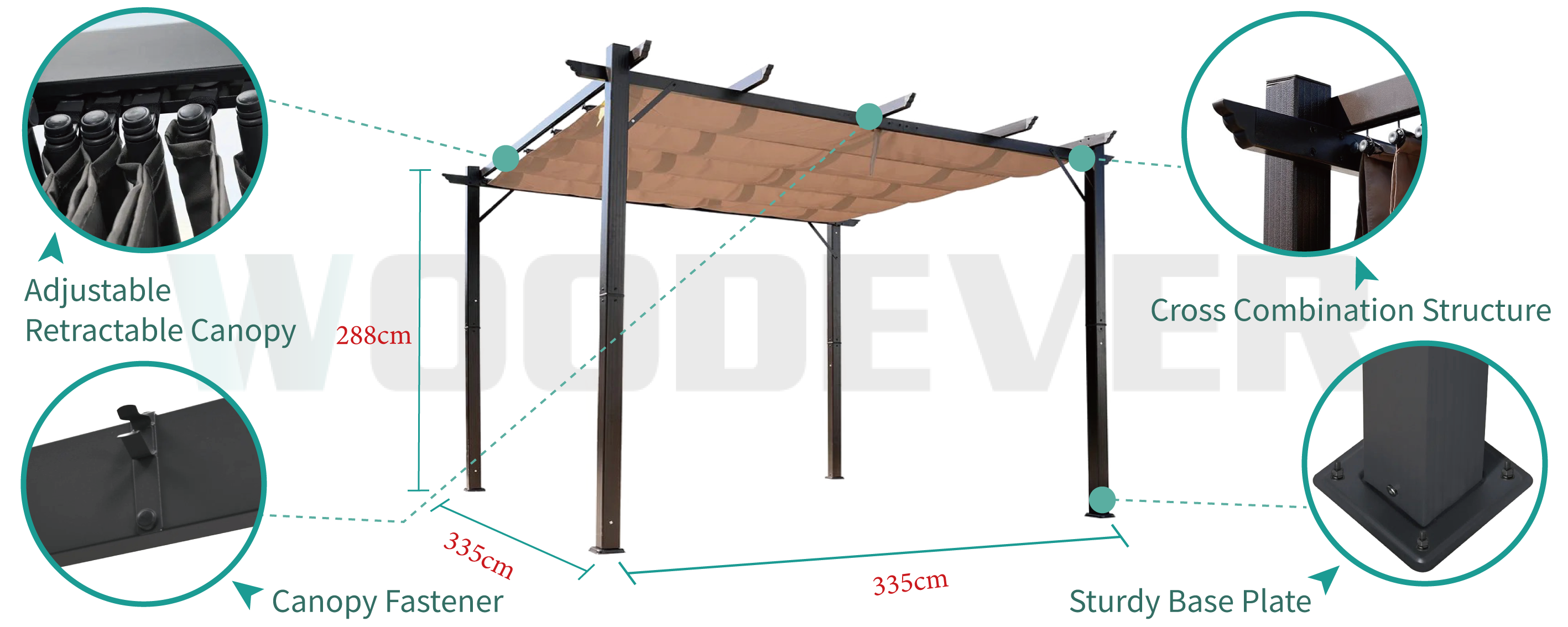 WOODEVER outdoor furniture metal pergola features a high quality metal pergola, the pergola fabric can be freely extended and contracted to adjust the shading area, the overall structure presents a square, the bottom support feet are installed base plate to strengthen the pergola is not easy to shake