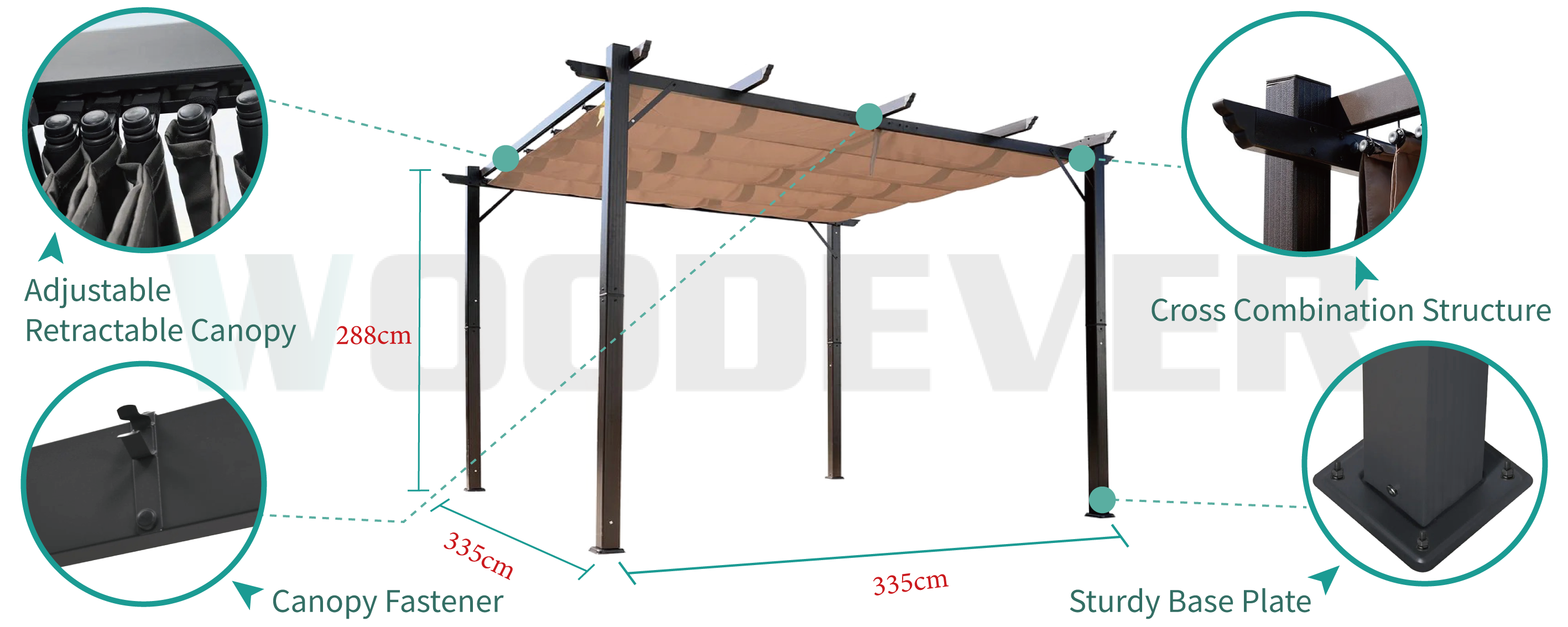 WOODEVER furnitur luar ruangan dengan fitur pergola logam berkualitas tinggi, kain pergola dapat diperpanjang dan dipersempit secara bebas untuk mengatur area teduh, struktur keseluruhan berbentuk persegi, kaki penyangga bawah dipasang dengan plat dasar untuk memperkuat pergola agar tidak mudah bergoyang