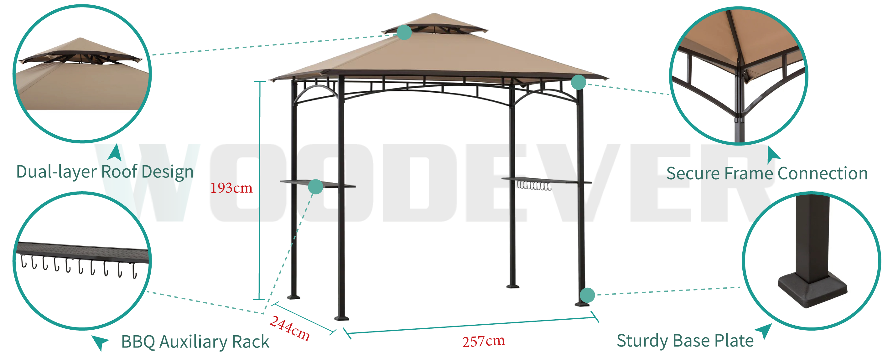 Pergola de barbecue en métal pour l'extérieur de WOODEVER avec double toit, ventilation à 360 degrés, étagères métalliques et crochets pour améliorer l'expérience d'utilisation en extérieur.