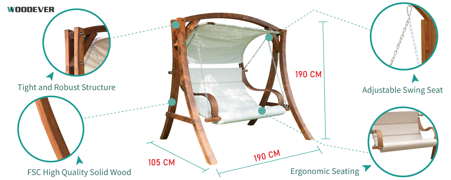 This Double Swing from WOODEVER Outdoor Furniture's solid wood manufacturer has a number of features, he can freely adjust the length of the swing, it is made of high-quality solid wood and undergoes rigorous load testing to ensure that the swing is safe to use, and WOODEVER can also provide one-stop furniture services for global B2B manufacturers!