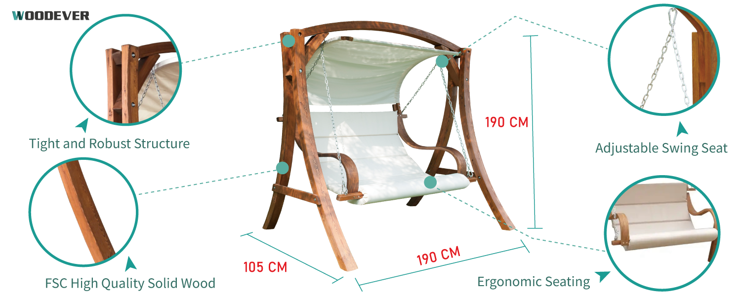 Denna dubbla gunga från WOODEVER Outdoor Furniture's tillverkare av massivt trä har ett antal funktioner, den kan fritt justera längden på gungan, den är tillverkad av högkvalitativt massivt trä och genomgår rigorösa belastningstester för att säkerställa att gungan är säker att använda, och WOODEVER kan också erbjuda helhetslösningar för möbler till globala B2B-tillverkare!